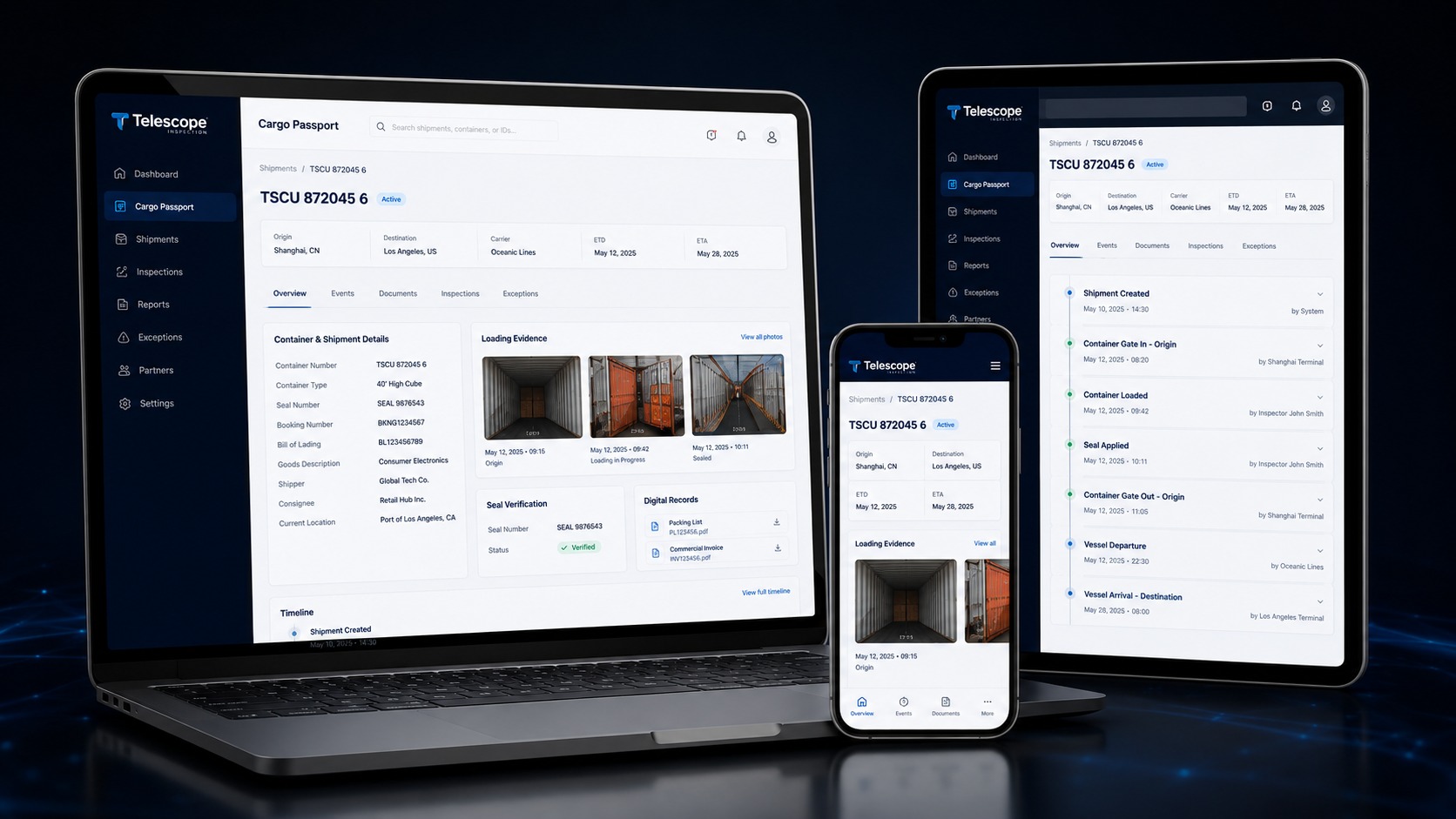 Cargo Passport dashboard and mobile report mockup